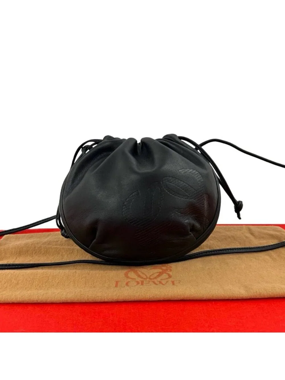 Loewe Vintage Anagram Logo Leather Drawstring Mini Shoulder Bag Pochette Black